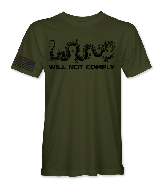 Picture of a green shirt with the image of a Gasden snake with the words will not comply in black