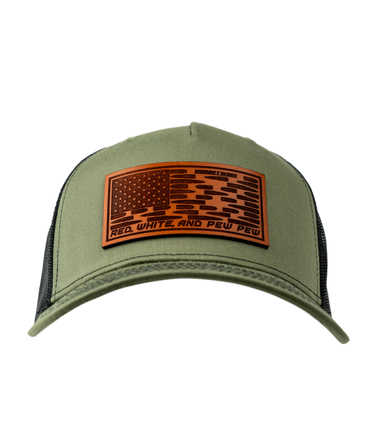 Red, White, And Pew Pew Leather Patch Hat