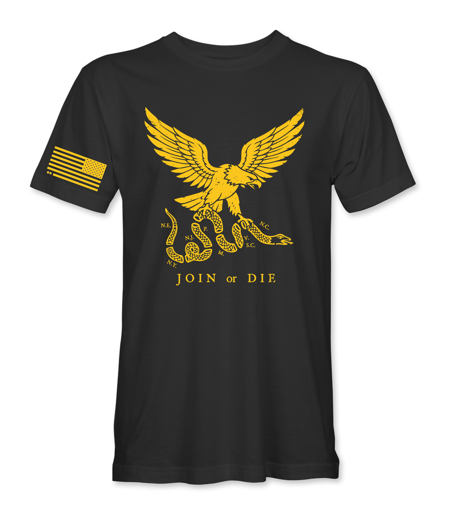 Join Or Die eagle black t-shirt, front