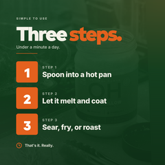 Three steps - spoon into a hot pan, let it melt and coat, sear fry or roast