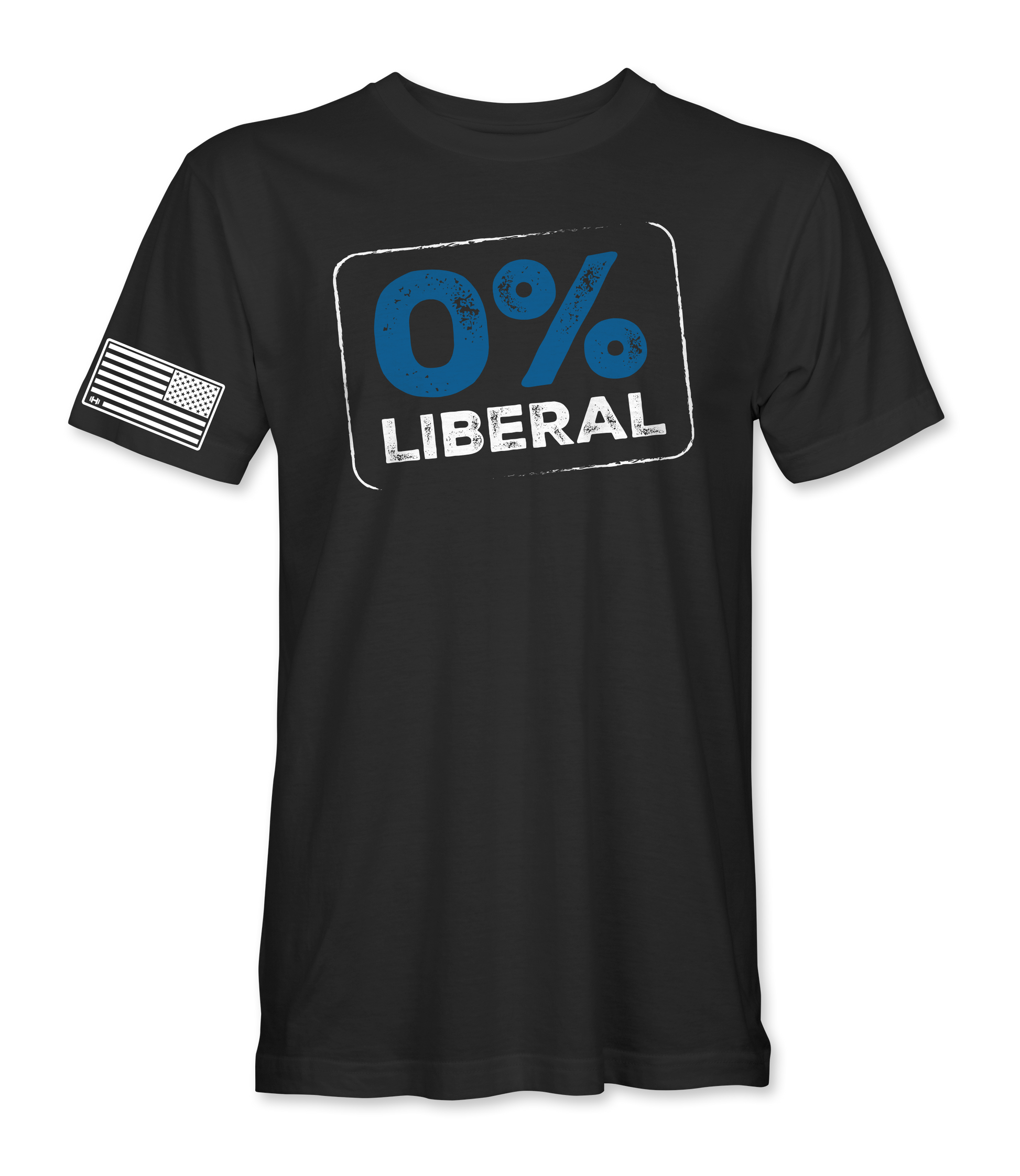 Picture of a black shirt with the image of 0% Liberal located on the front of the shirt and a flag on the right sleeve