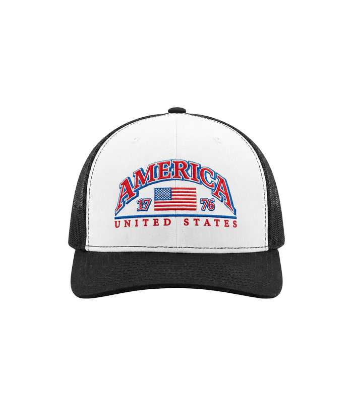 America 1776 white and black embroidered trucker hat, front