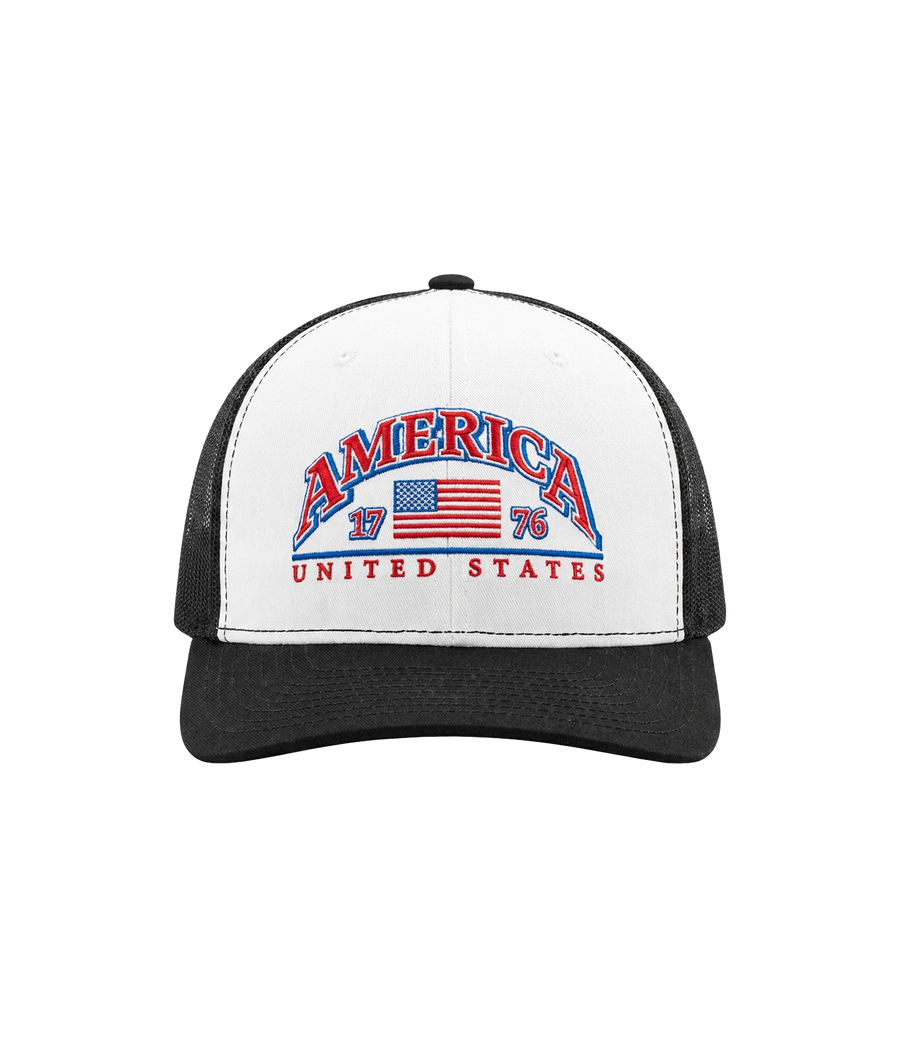 America 1776 white and black embroidered trucker hat, front
