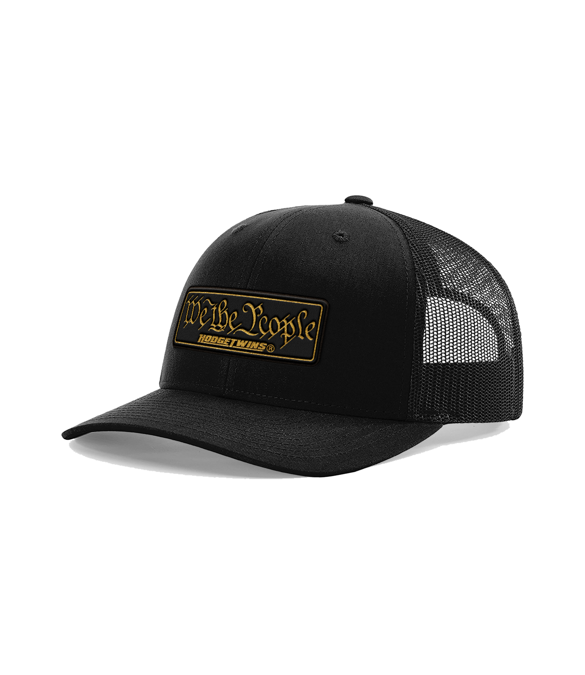 Black OSFA mesh hat with a black and gold leather patch that reads We The People