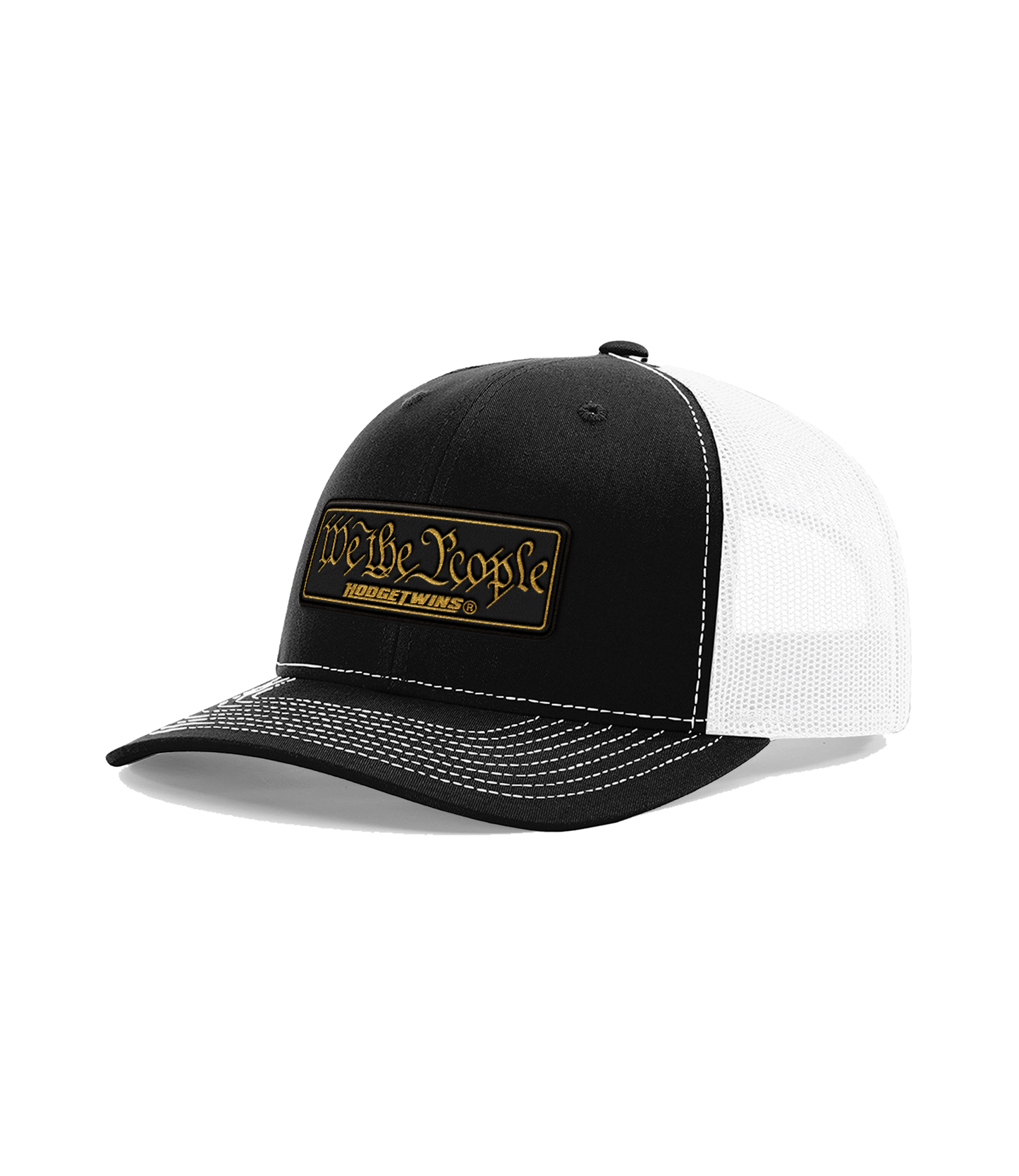 Black front white mesh OSFA mesh hat with a black and gold leather patch that reads We The People