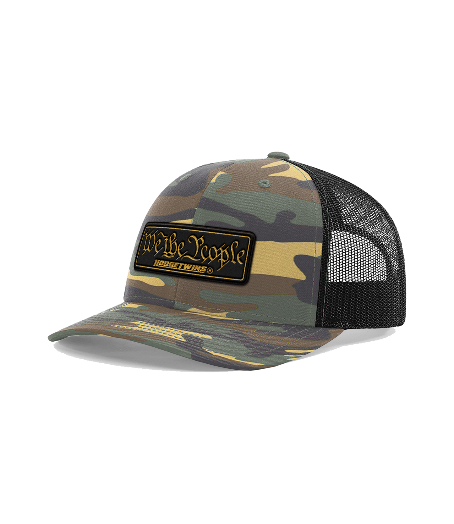 Camo front black mesh OSFA mesh hat with a black and gold leather patch that reads We The People