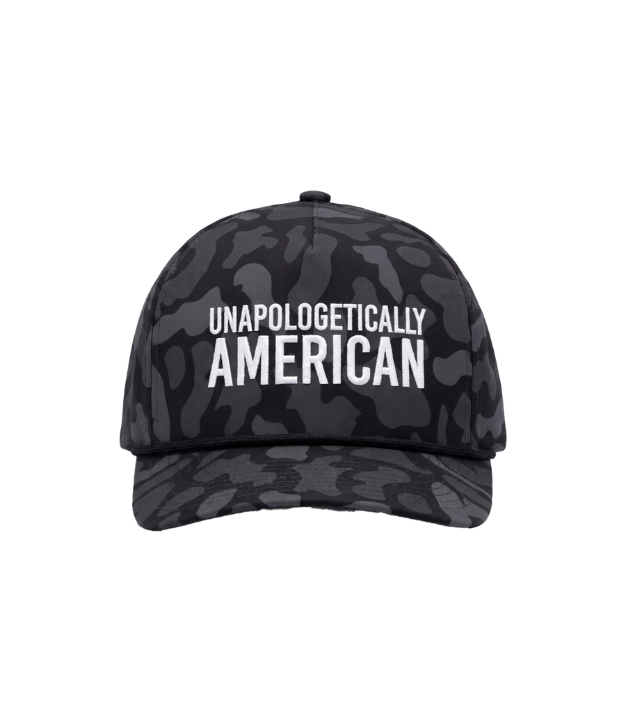 Unapologetically American camo rope hat, front