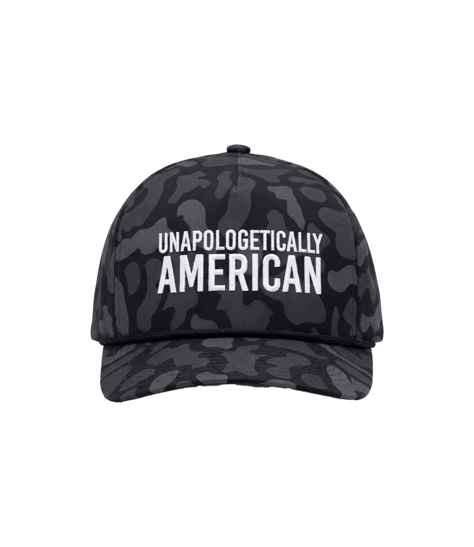 Unapologetically American camo rope hat, front