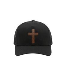 Wooden cross trucker hat, front