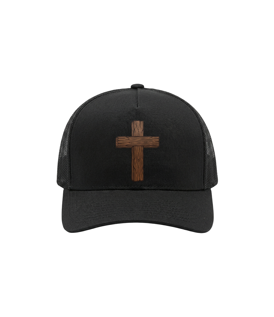 Wooden cross trucker hat, front