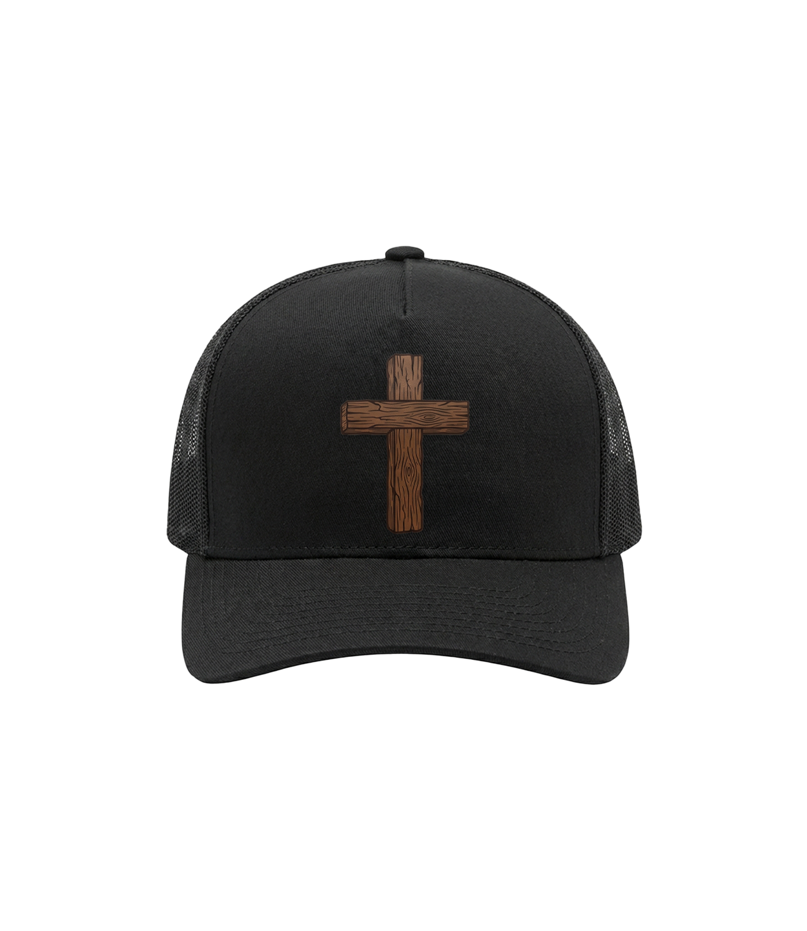 Wooden cross trucker hat, front