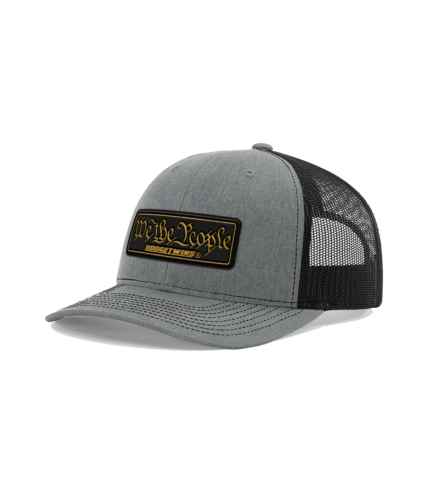 Grey front black mesh OSFA mesh hat with a black and gold leather patch that reads We The People