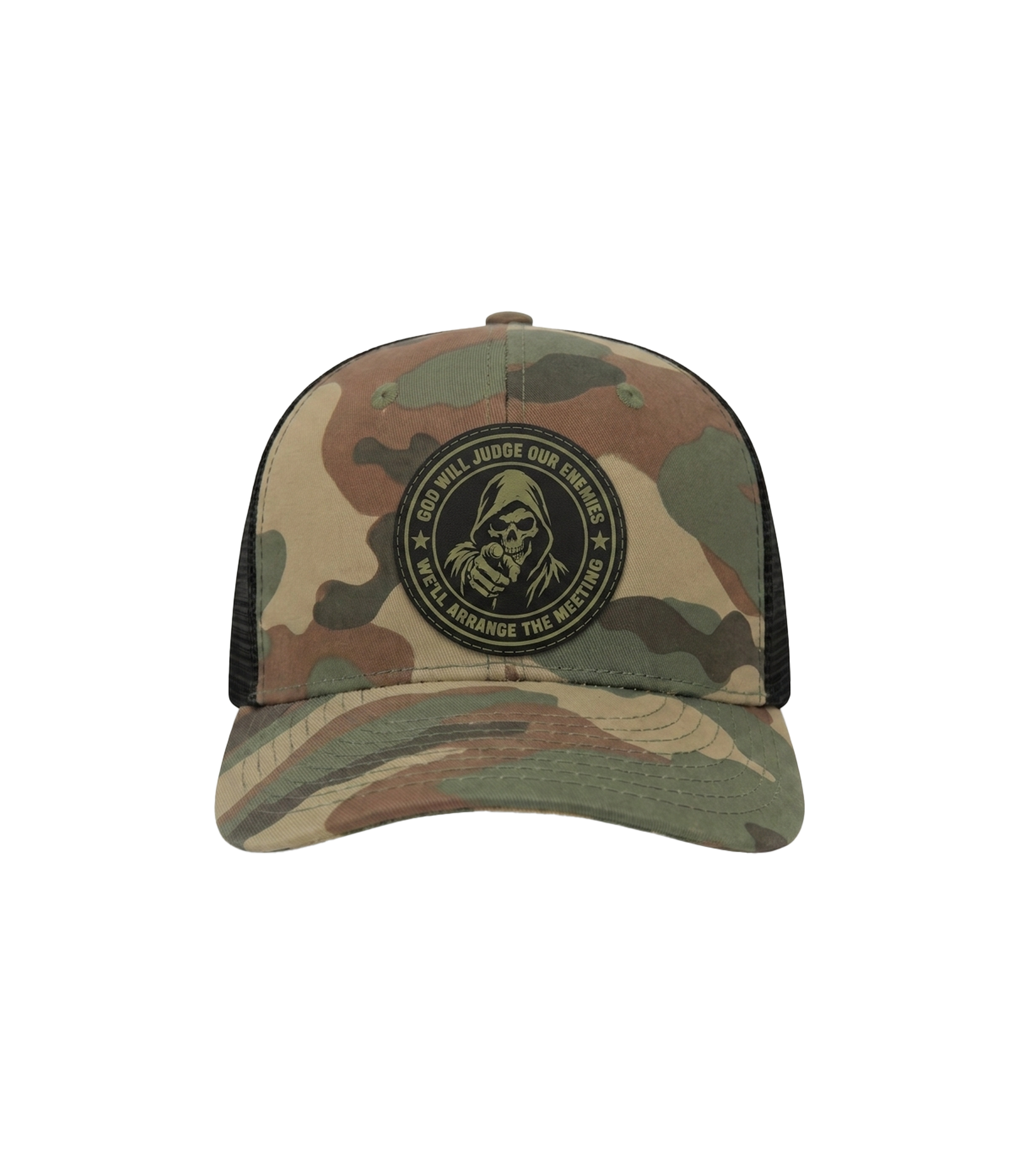 God Will Judge Our Enemies Camo Patch Hat front