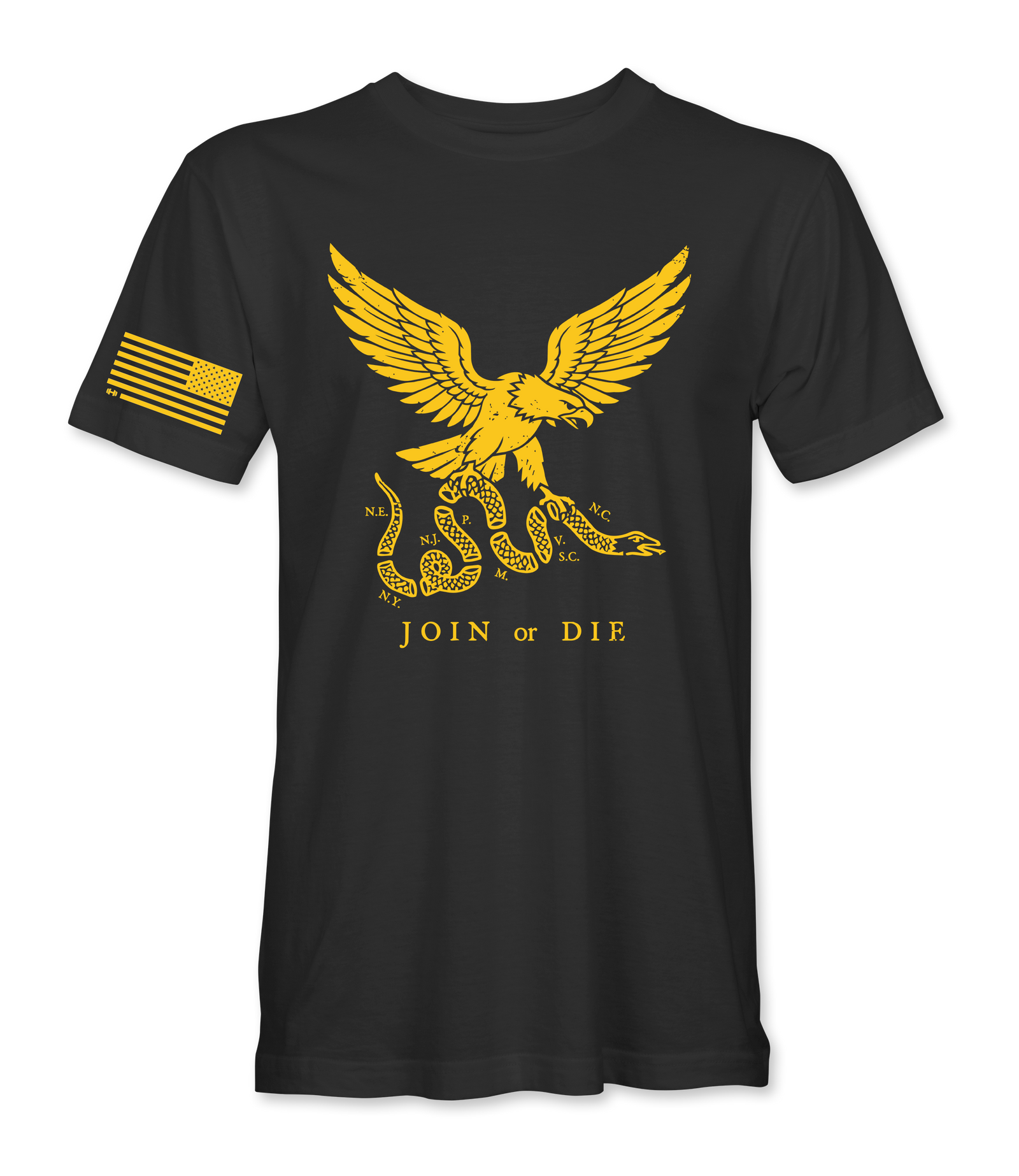 Join Or Die eagle black t-shirt, front