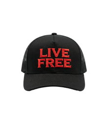 Live Free red embroidered trucker hat, front
