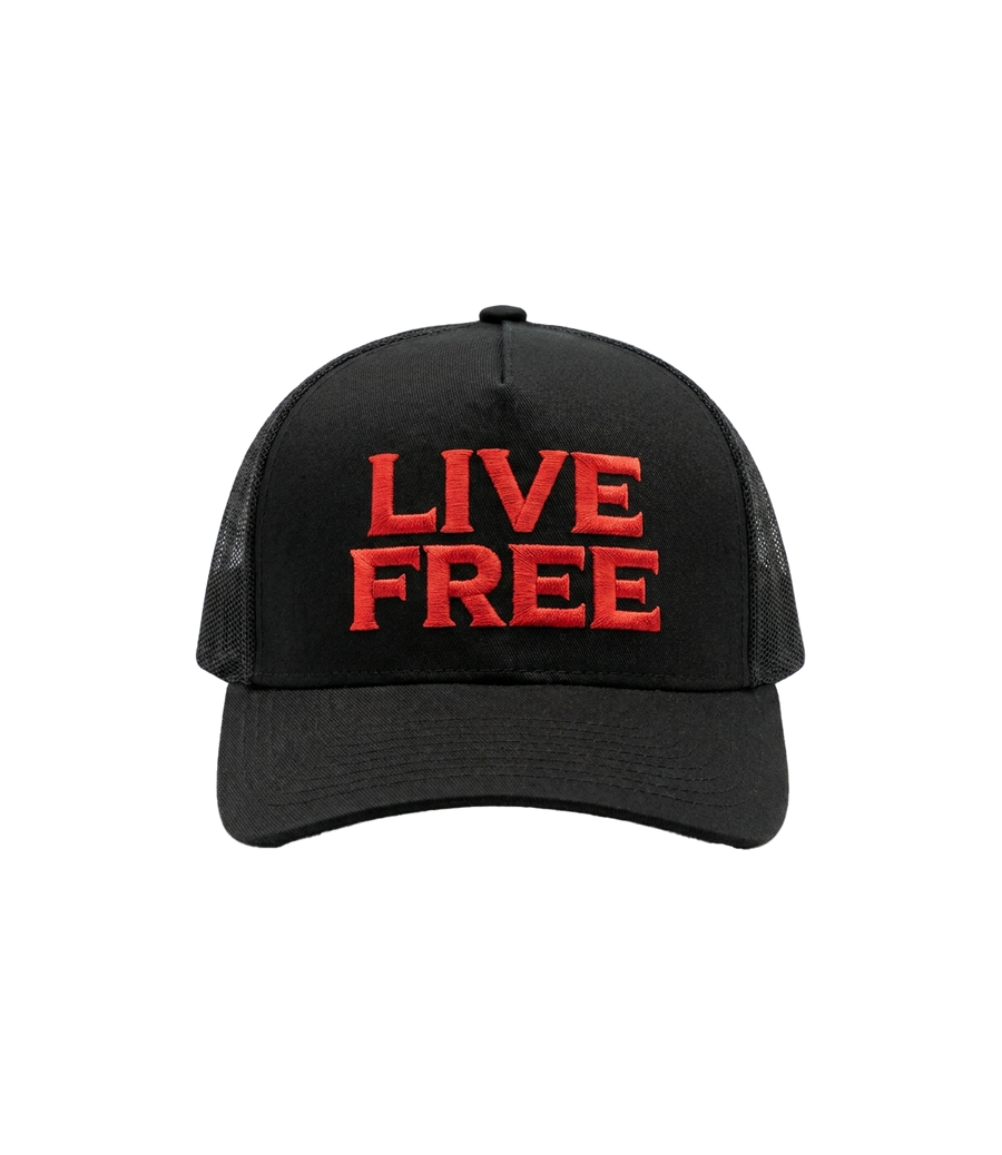 Live Free red embroidered trucker hat, front