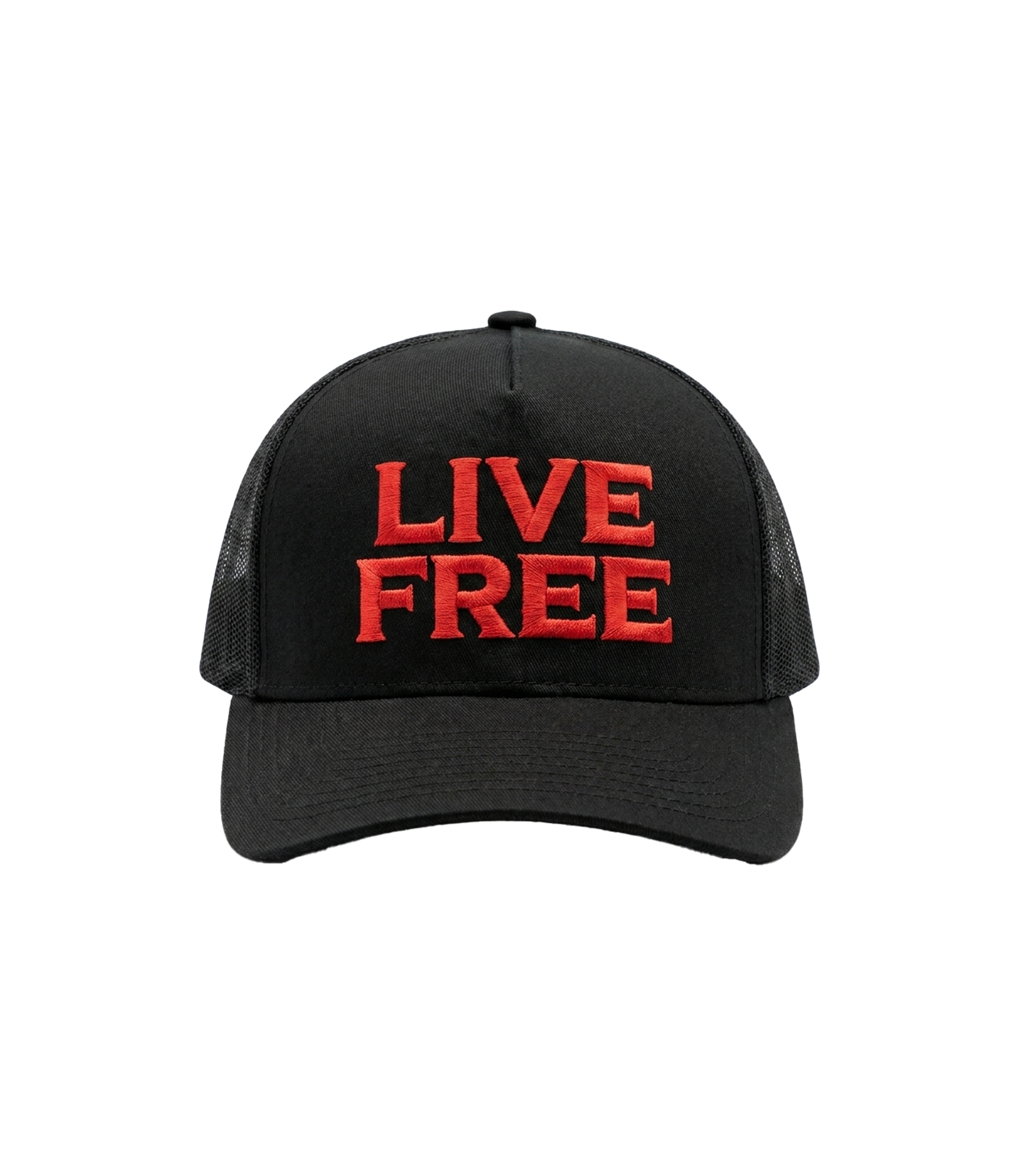 Live Free red embroidered trucker hat, front