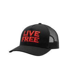 Live Free red embroidered trucker hat, side