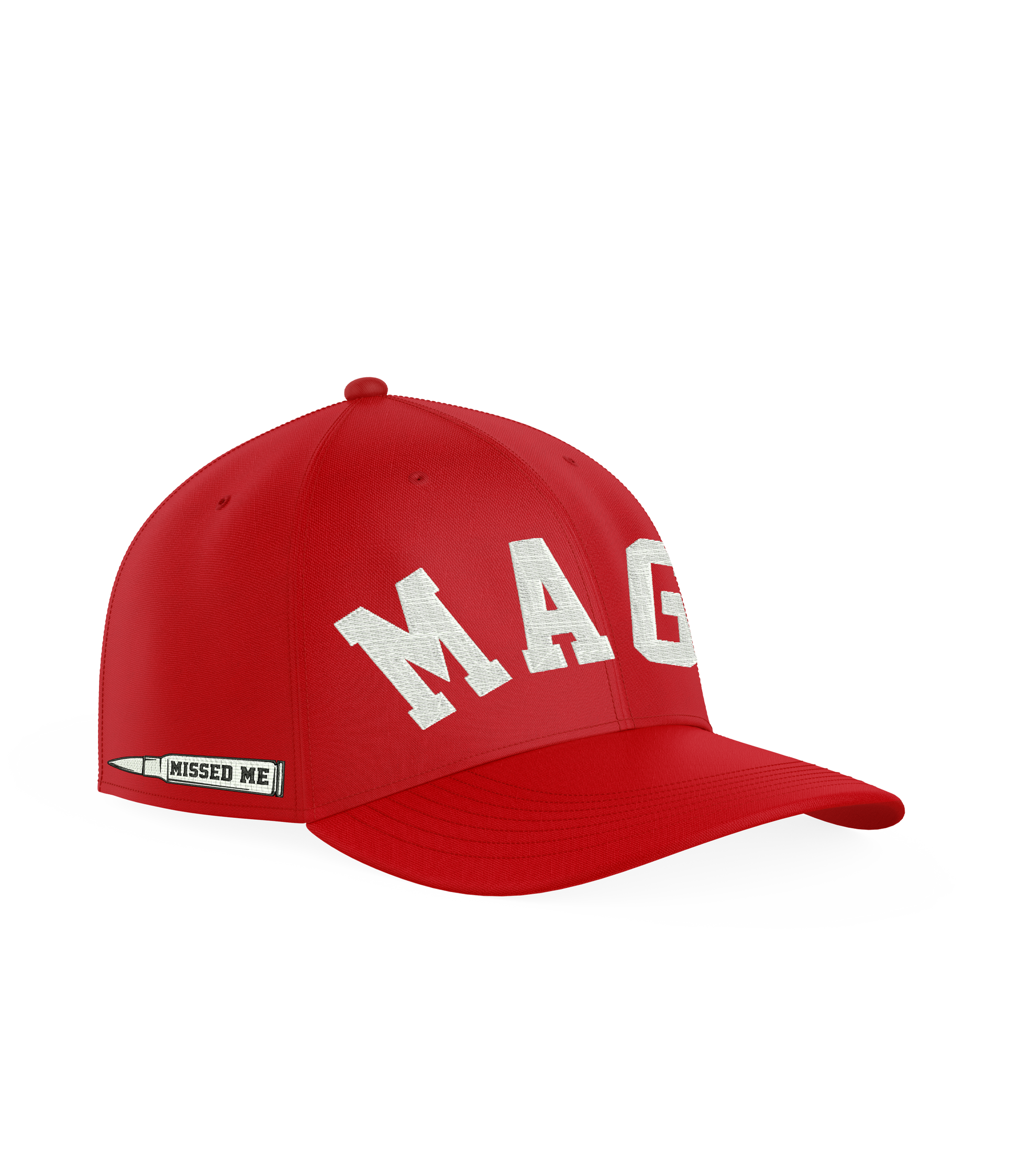 embroidered maga on front of red hat