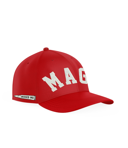 embroidered maga on front of red hat