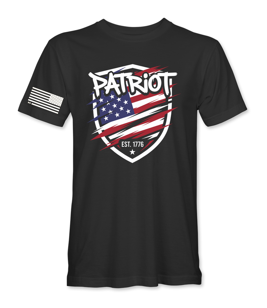 Patriot Est. 1776 shield black t-shirt, front