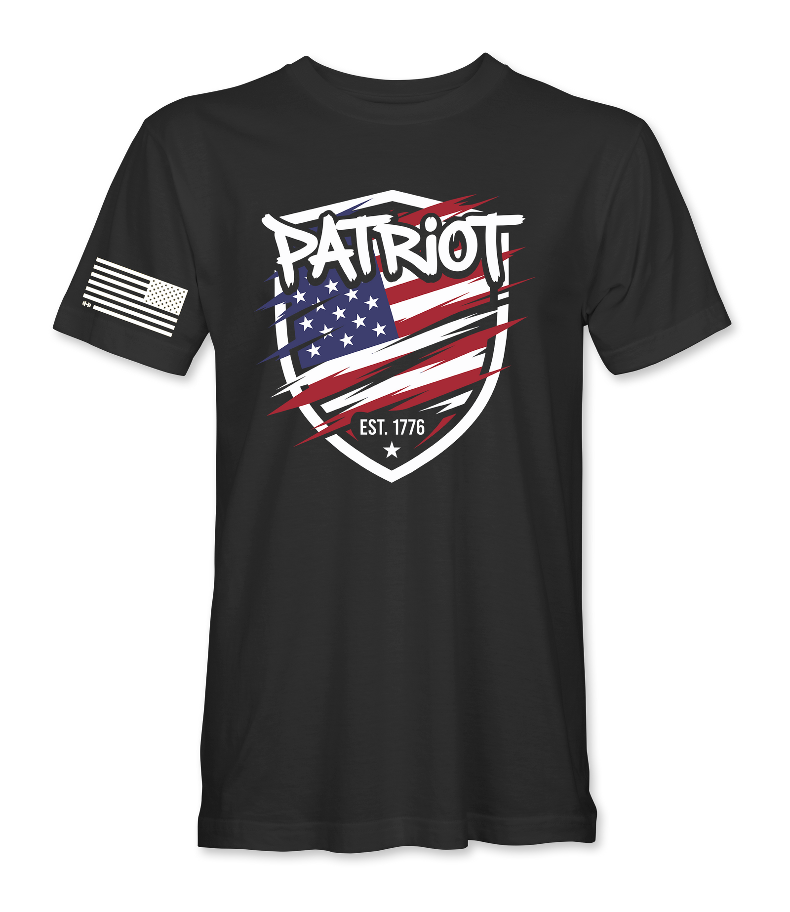 Patriot Est. 1776 shield black t-shirt, front